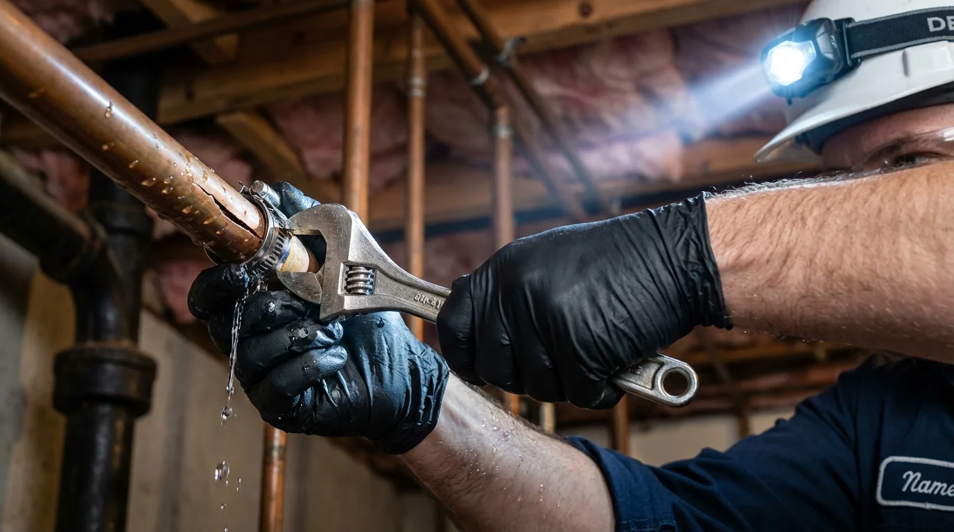 Emergency pipe clamp repair being performed by a Johns Plumbing LLC plumber in San Clemente