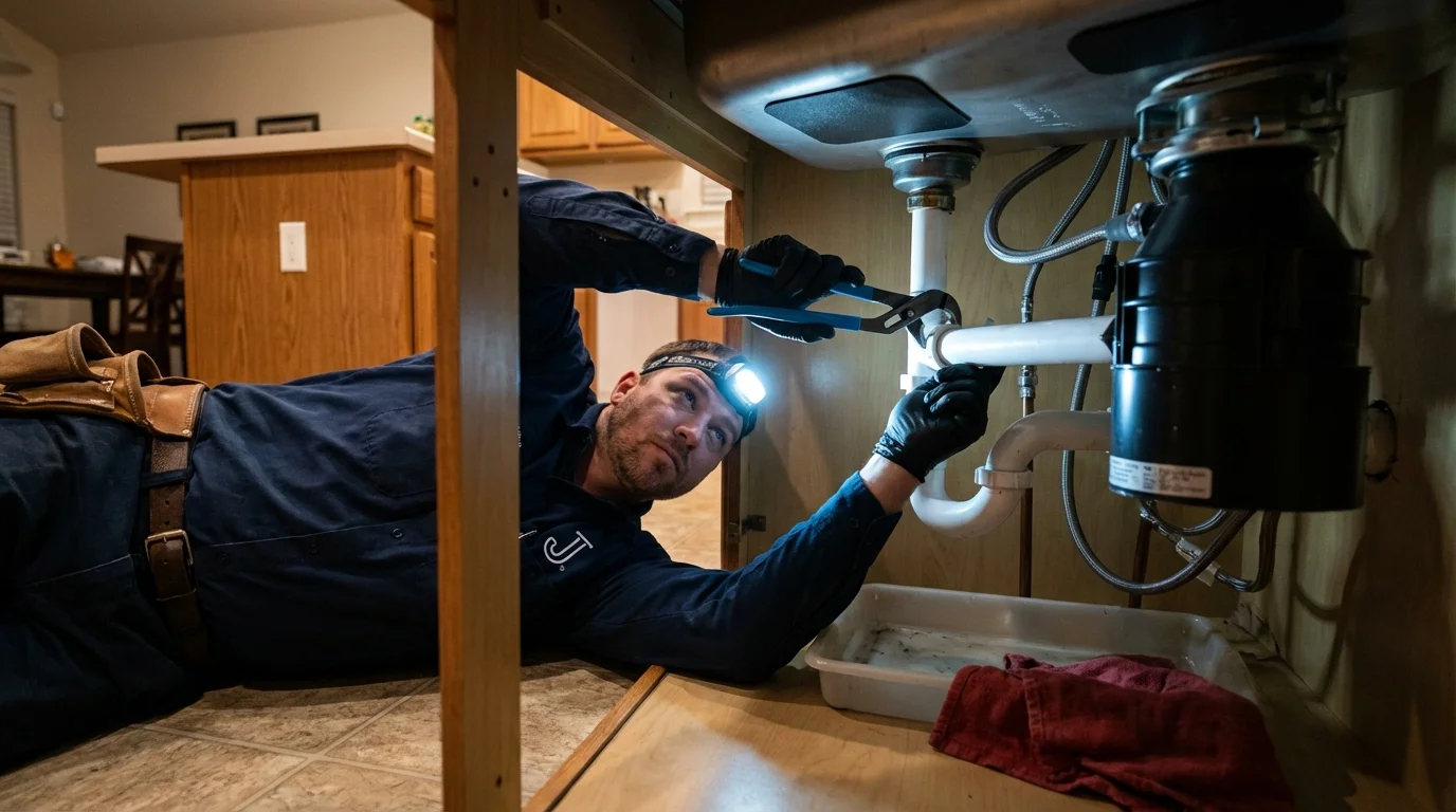 P-trap and supply line connections under a kitchen sink showing a common leak point in San Clemente, CA